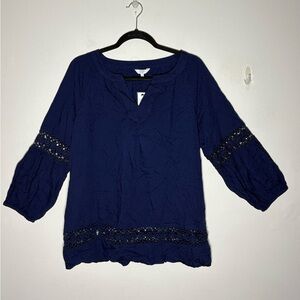 Crown & Ivy Navy Blue Icon Peasant Women's Blouse Size L